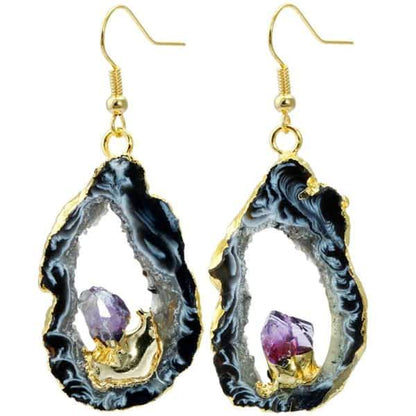 Dangle Amethyst Crystal Gold Earrings