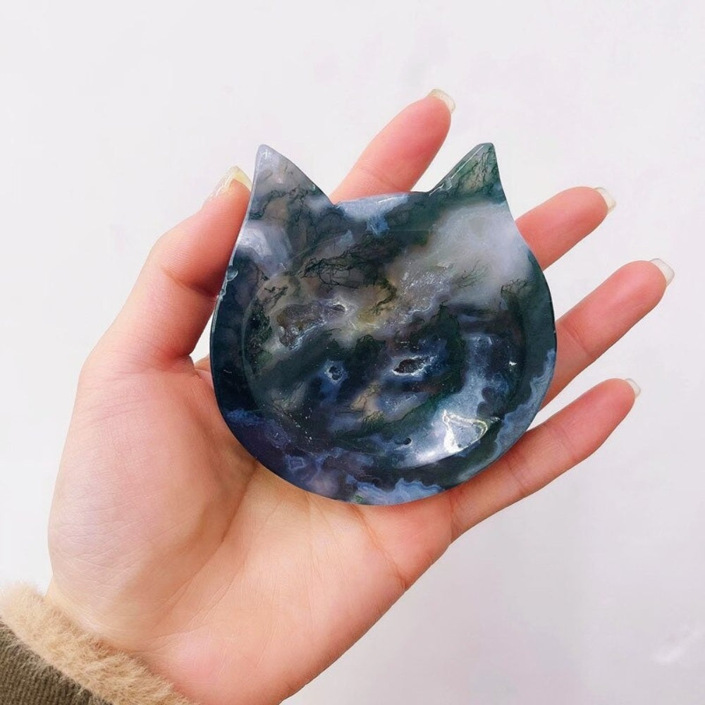 Natural Moss Agate Cat Shape Crystal Bowl