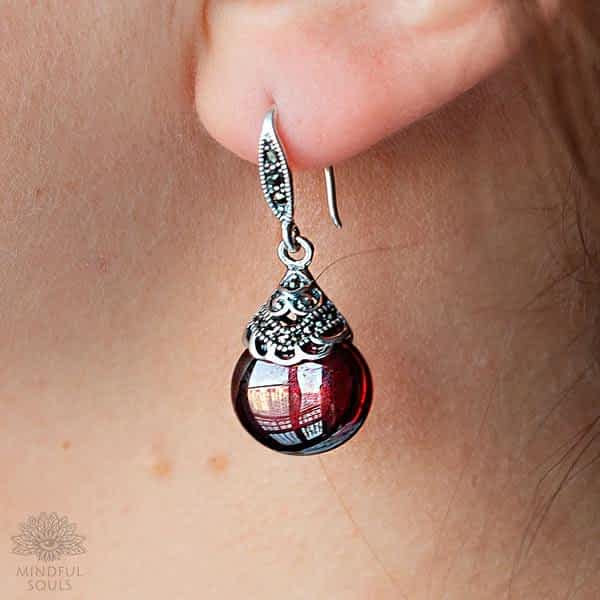 Silver Drop Earrings Garnet Stone