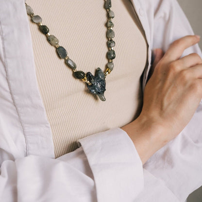 Labradorite Crystal Wolf Beaded Necklace