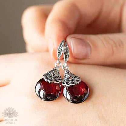 Silver Drop Earrings Garnet Stone