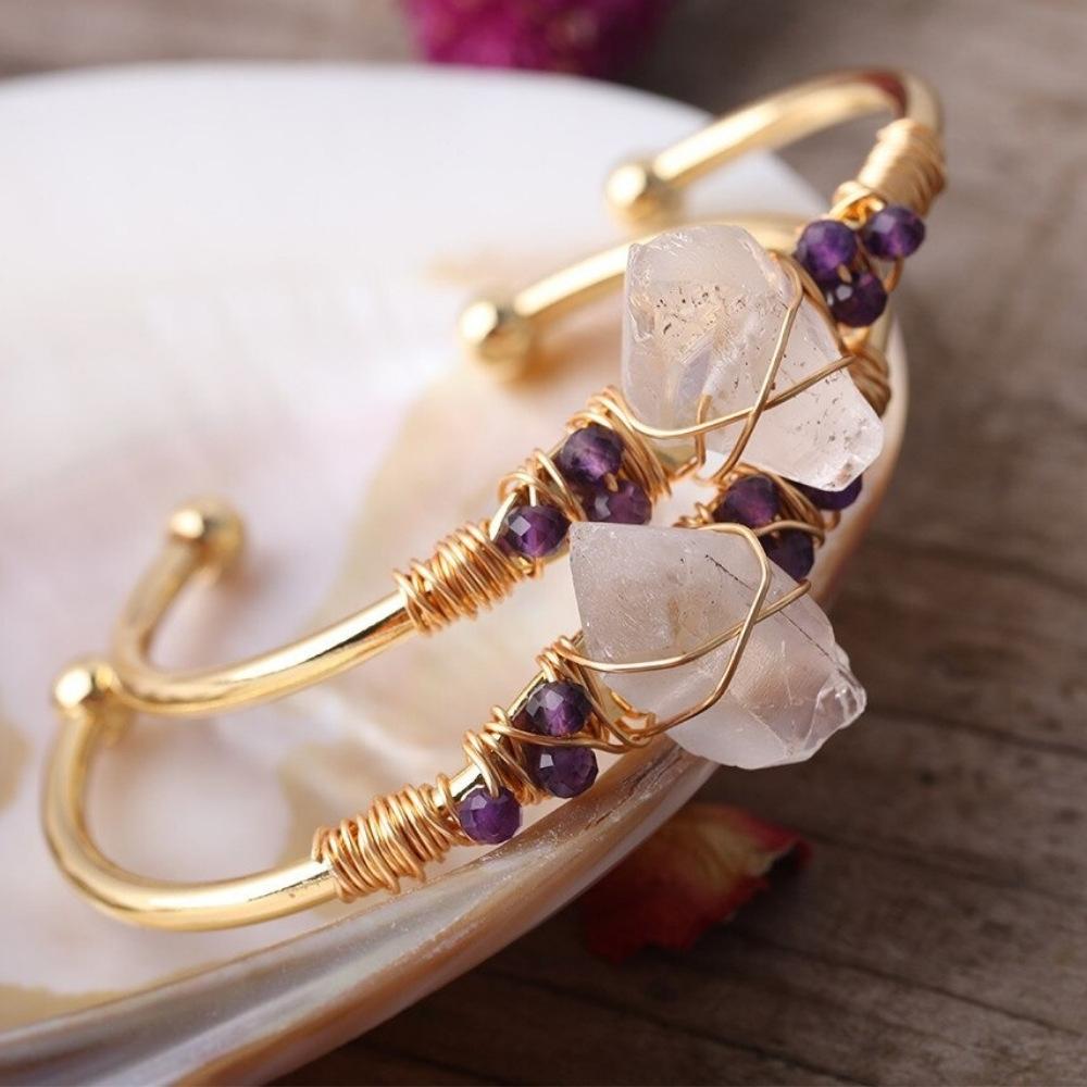 White Quartz Wire Wrap Golden Copper Bracelet