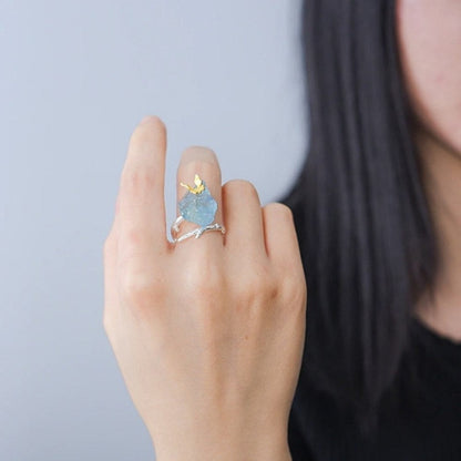 Golden Butterfly Aquamarine Stone Ring