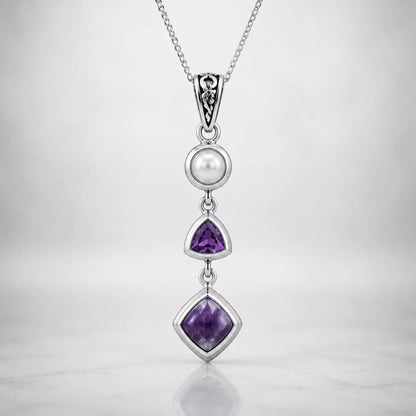 Natural Charoite, Amethyst & Pearl Necklace in Sterling Silver
