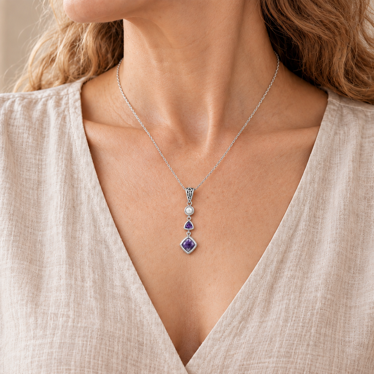 Natural Charoite, Amethyst & Pearl Necklace in Sterling Silver
