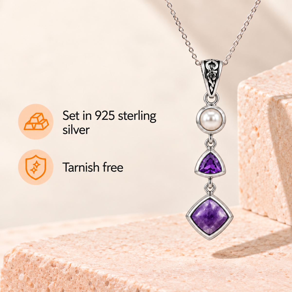 Natural Charoite, Amethyst & Pearl Necklace in Sterling Silver
