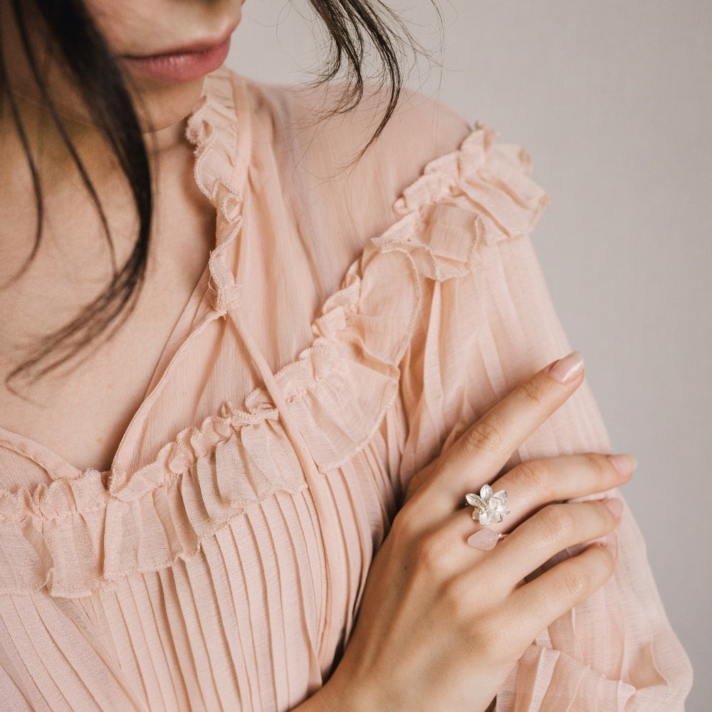 Rose Quartz Lotus Handmade Crystal Ring