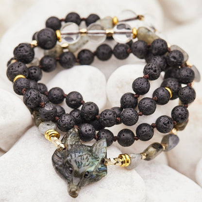 Labradorite Crystal Wolf Beaded Necklace