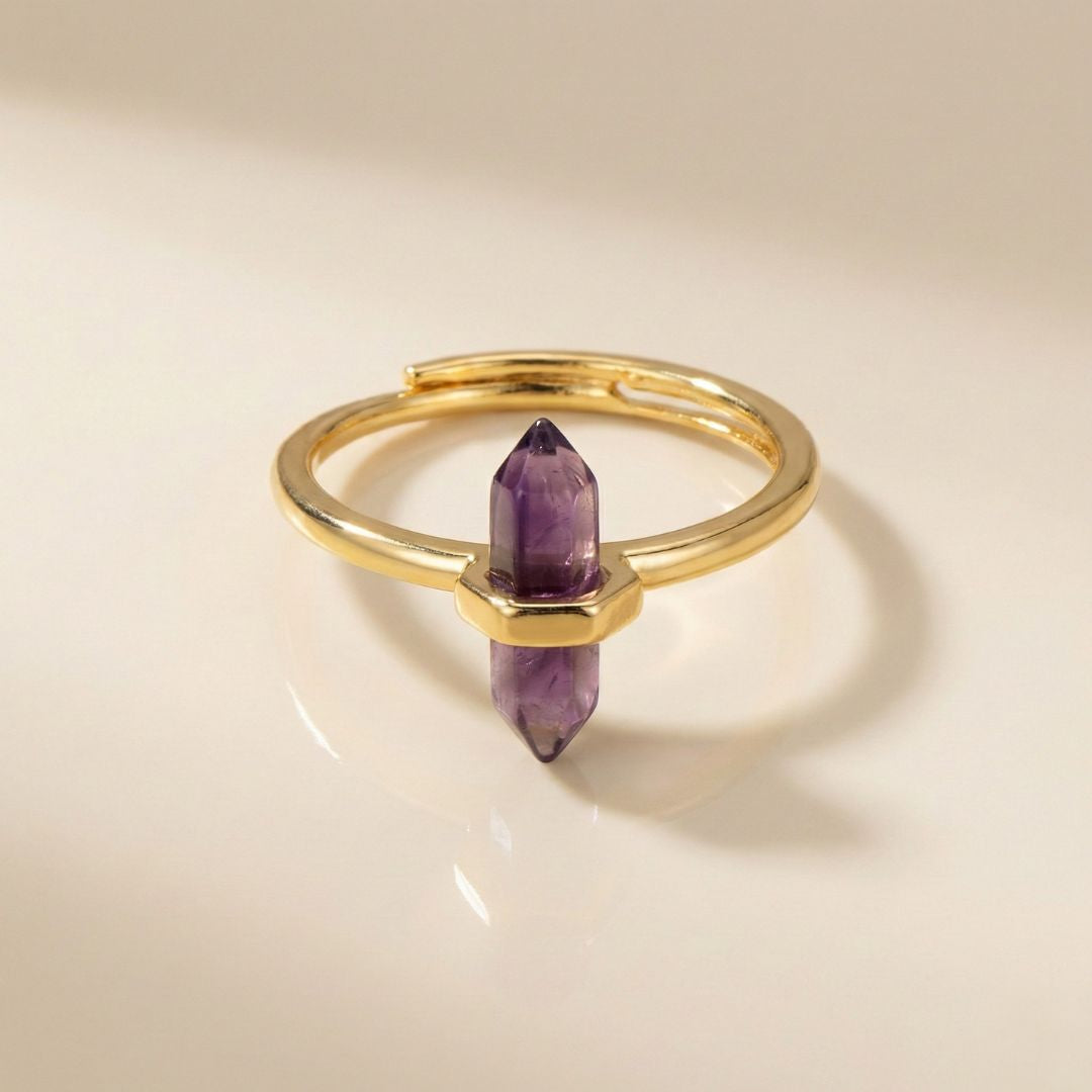 Thin Crystal Point Double Bead Ring — Sleek Healing Stone Jewelry