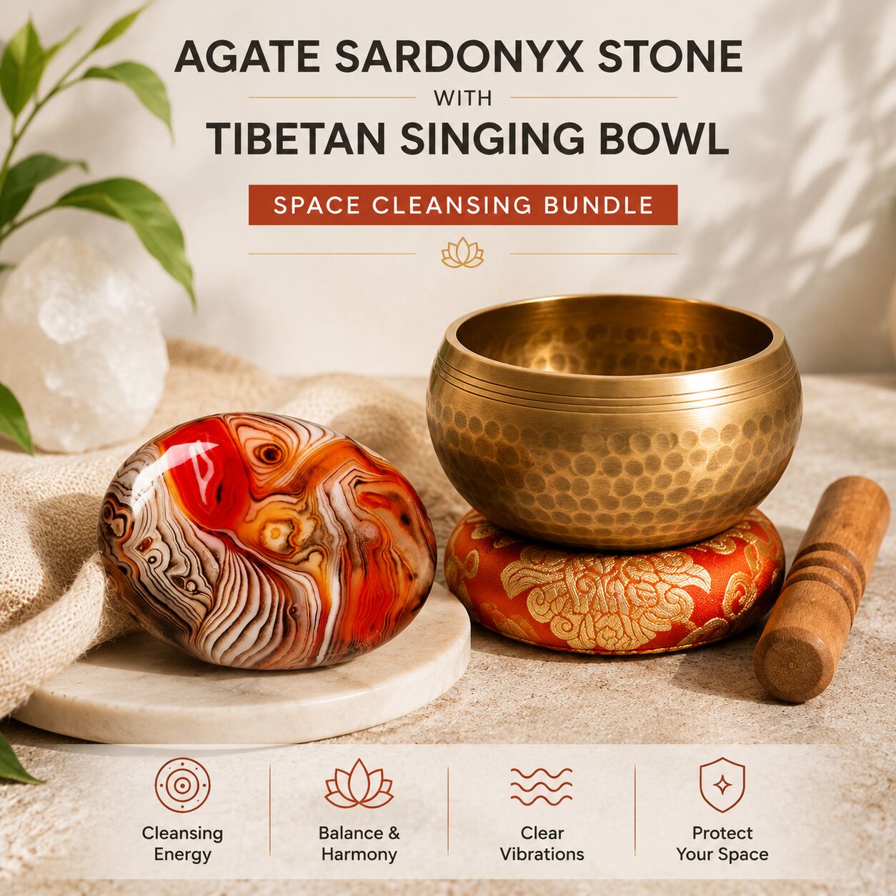 Agate Sardonyx Stone with Tibetan Singing Bowl – Space Cleansing Bundle