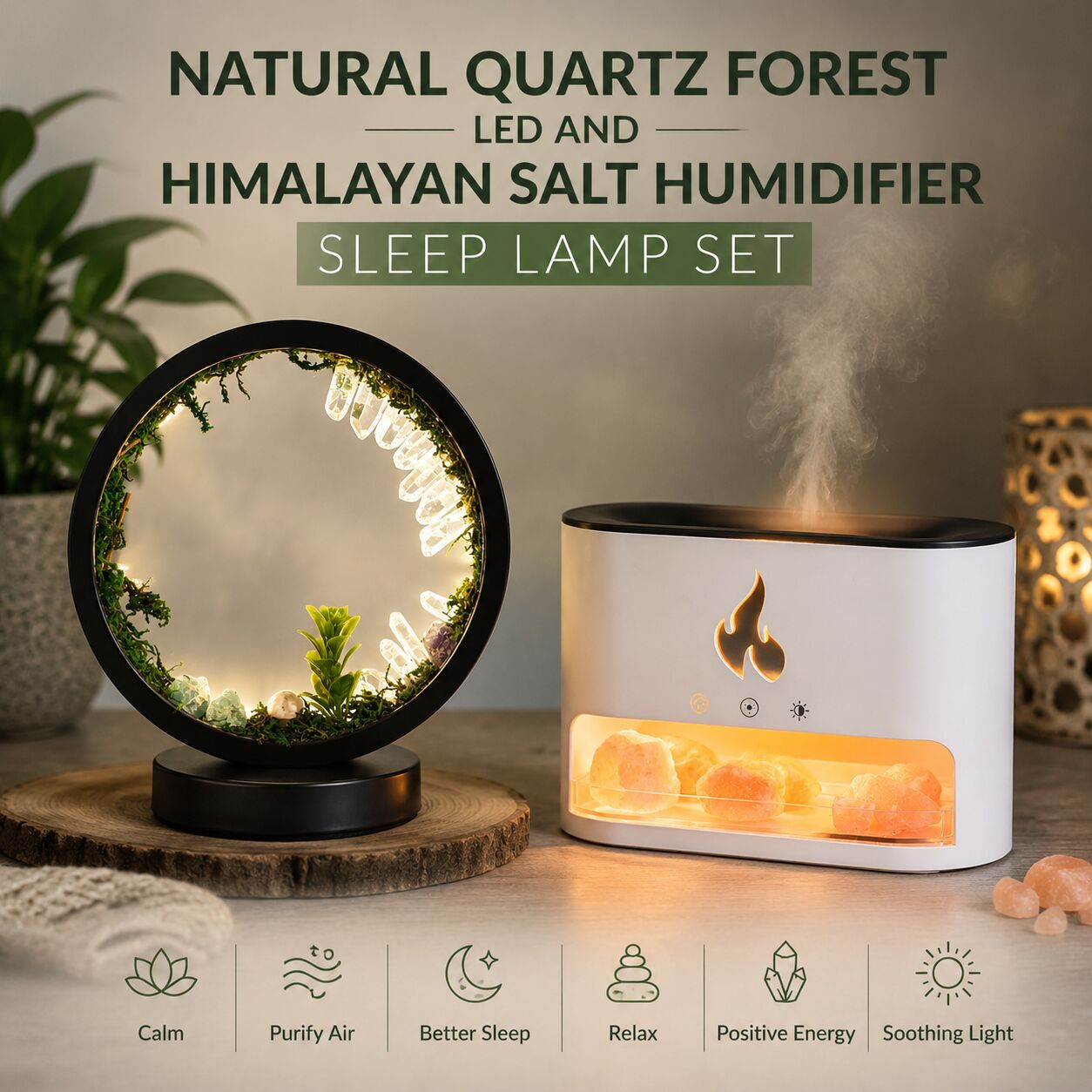 Natural Quartz Forest LED and Himalayan Salt Humidifier– Sleep Lamp Set