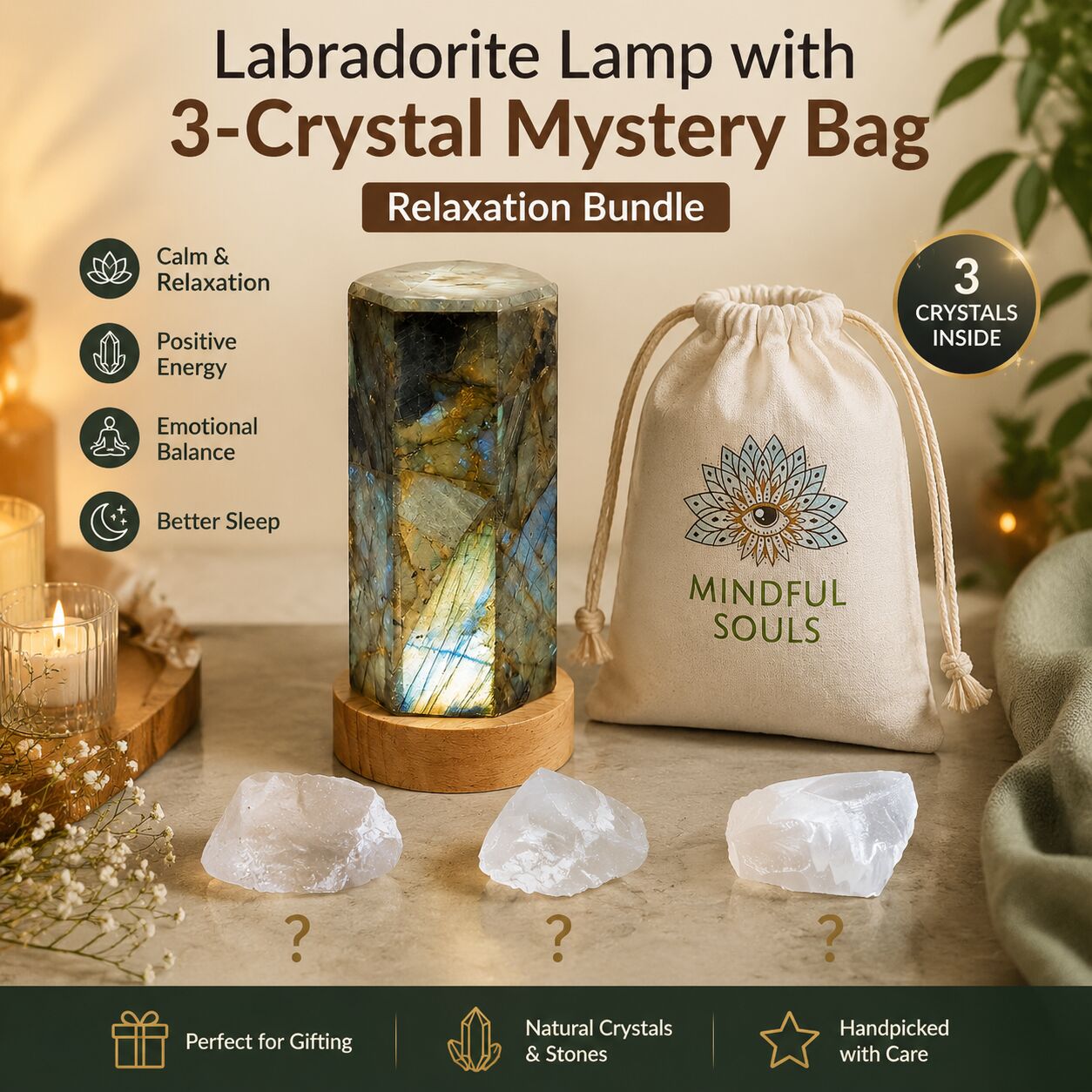 Labradorite Lamp with 3-Crystal Mystery Bag –  Relaxation Bundle