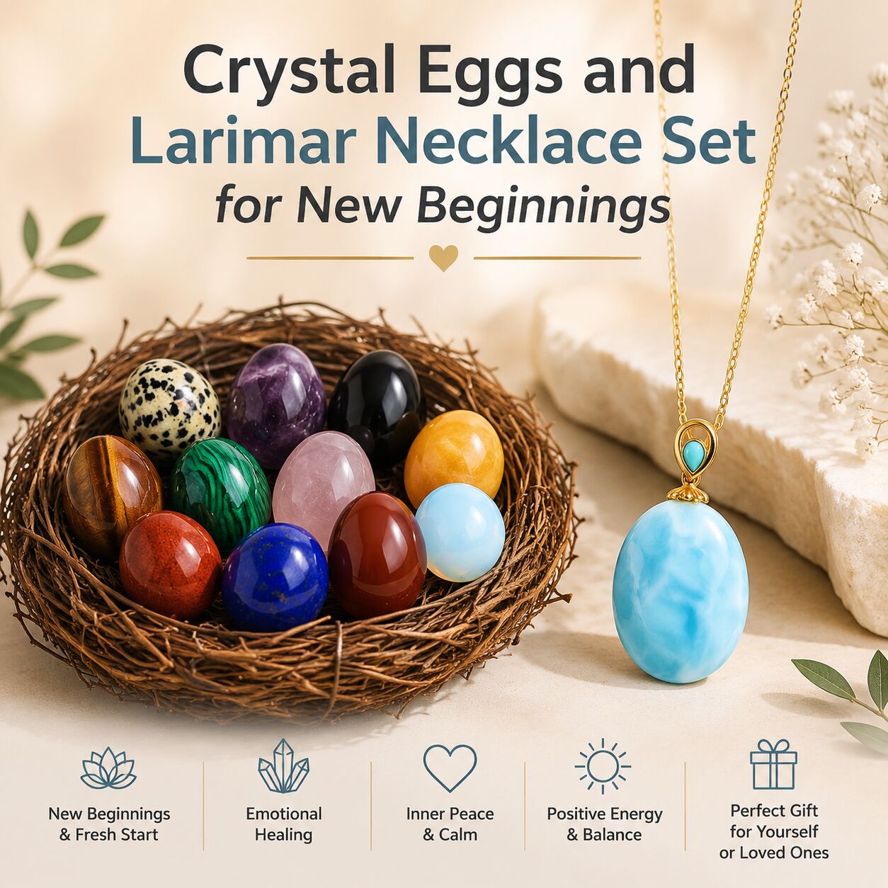 Crystal Eggs and Larimar Necklace Set for New Beginnings