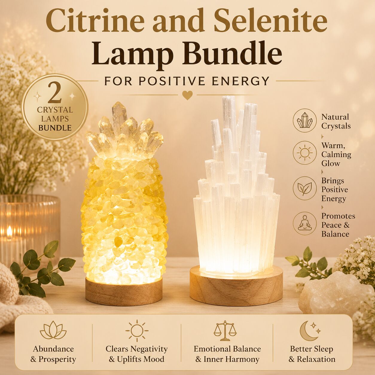 Citrine and Selenite Lamp Bundle for Positive Energy