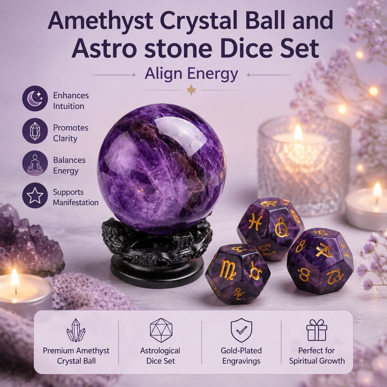 Amethyst Crystal Ball and Astro stone Dice Set– Align Energy