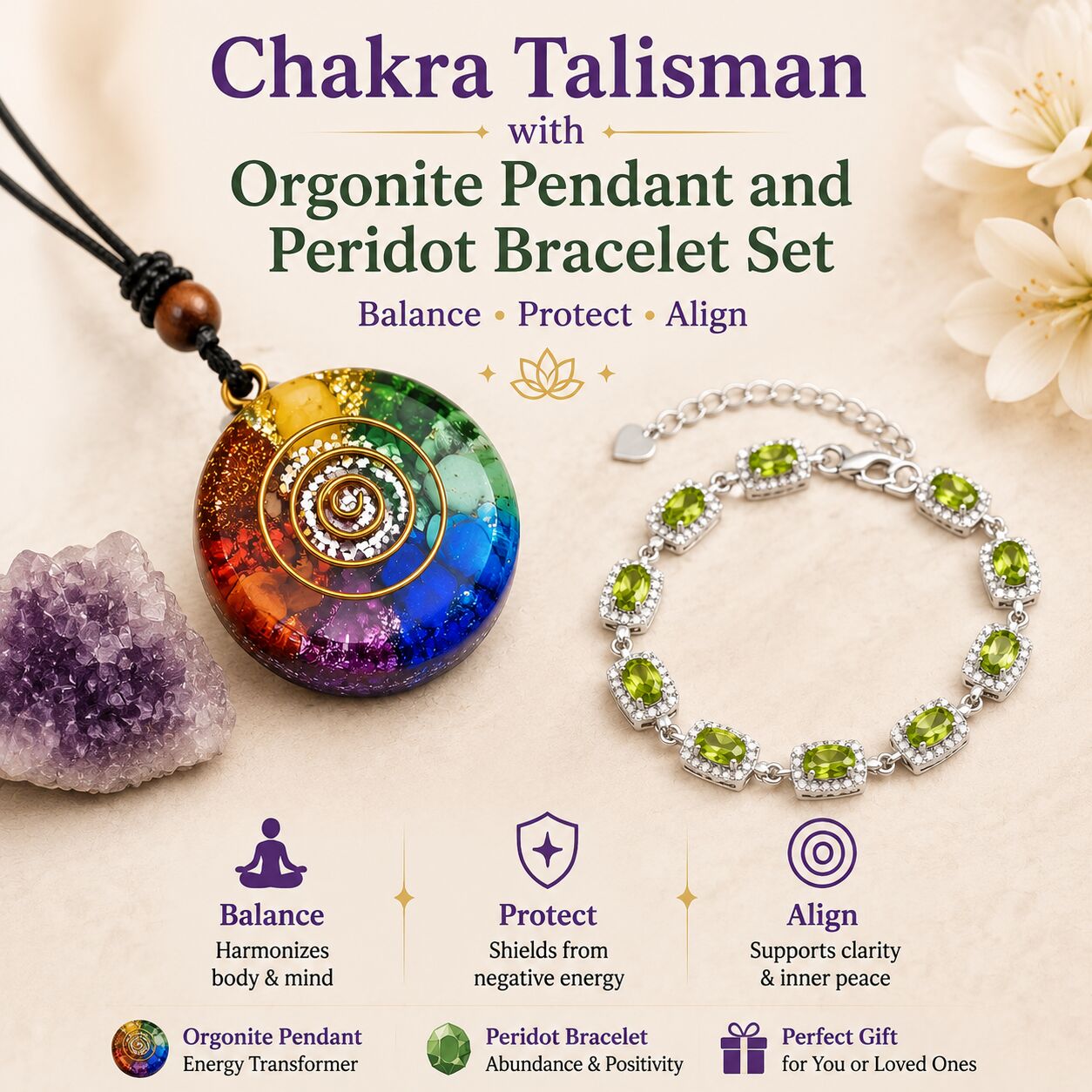 Chakra Talisman with Orgonite Pendant and Peridot Bracelet Set
