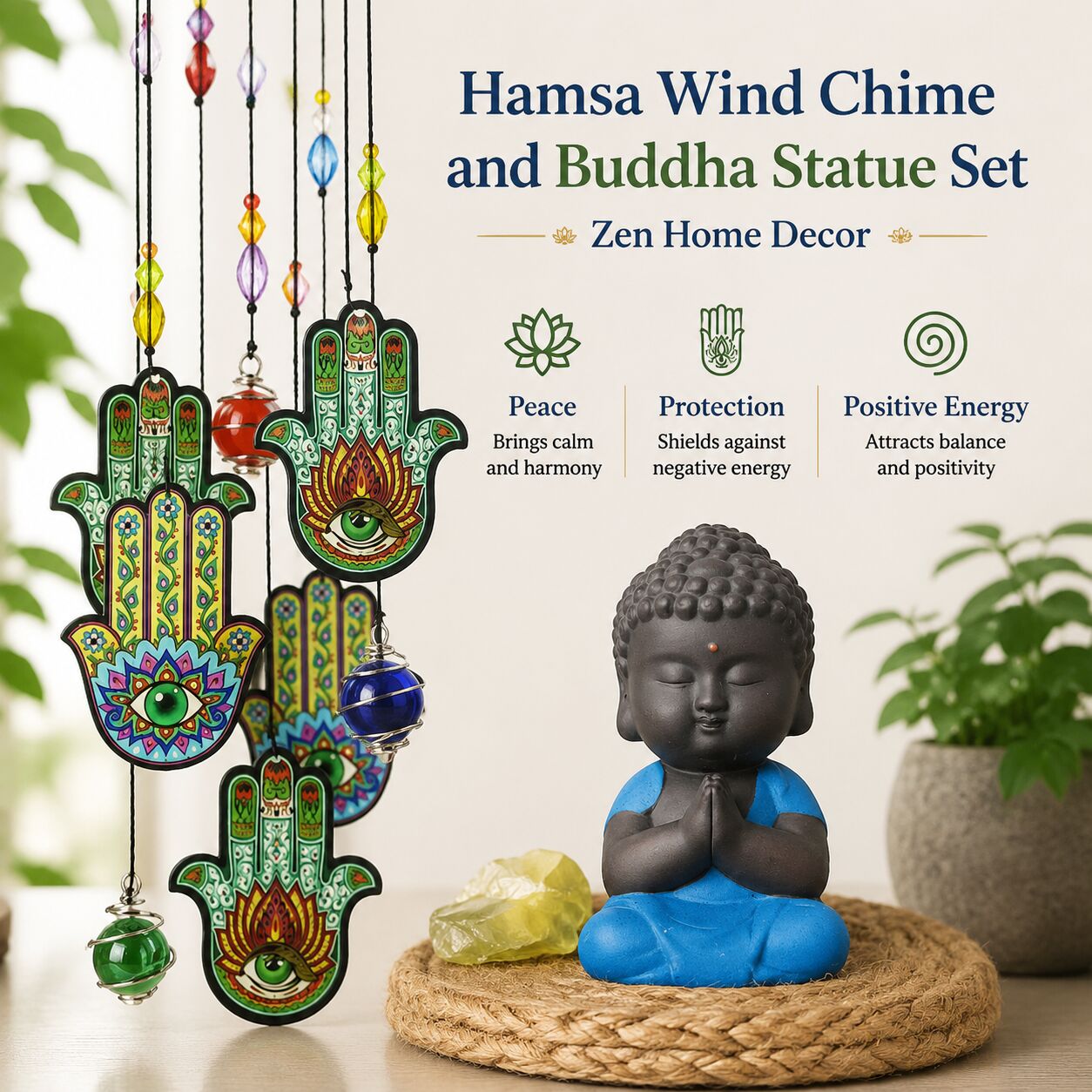 Hamsa Wind Chime and Buddha Statue Set - Zen Home Decor