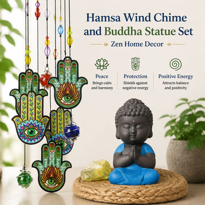 Hamsa Wind Chime and Buddha Statue Set - Zen Home Decor