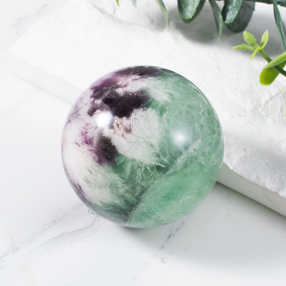 Natural Feather Fluorite Crystal Sphere