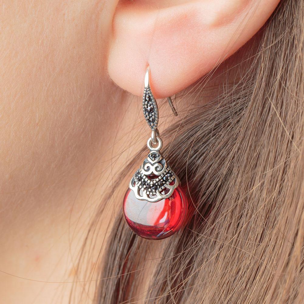 Silver Drop Earrings Garnet Stone